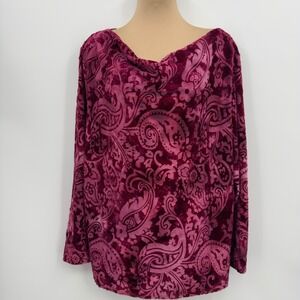 Burgundy Velvet‎ Burnout Cowl Neck Top Boho Paisley Blouse Long Sleeve L